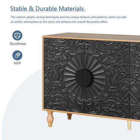 Black Carved Symmetrical Design Door And Wood Coloured Frame TV Stand HouseOfZazla