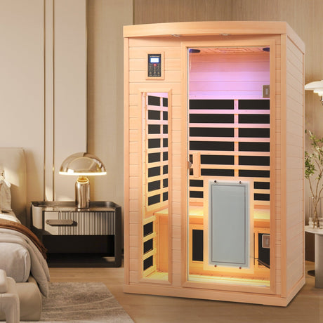 Low EMF, There is also a heating plate on the glass door, Hemlock wood Far-infrared indoor Two person sauna room HouseOfZazla