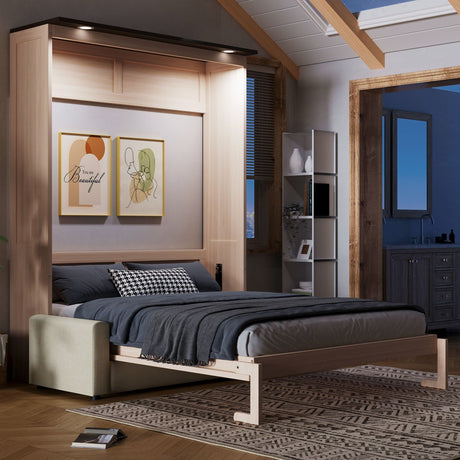 Queen Size Murphy Bed With Sofa And LED - Beige HouseOfZazla