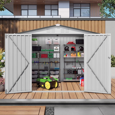 Outdoor Garden Storage Shed, Tool Shed With Pitched Roof Waterproof With 1 Window And 2 Lockable Door - White / Gray HouseOfZazla