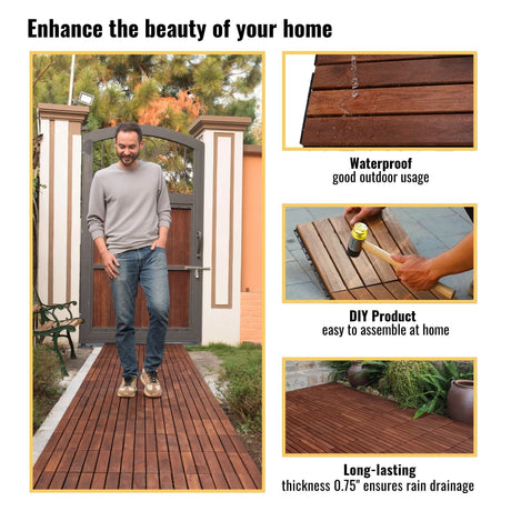 Interlocking Deck Tiles Striped Pattern, Square Acacia Hardwood Outdoor Flooring For Patio, Bancony, Pool Side HouseOfZazla