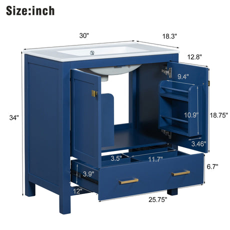 Bathroom Vanity With Single Sink, Combo Cabinet Undermount Sink, Bathroom Storage Cabinet With Two Doors And A Drawer, Soft Closing, Multifunctional Storage, Solid Wood Frame HouseOfZazla