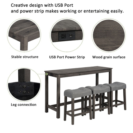 4 Piece Bar Table Set With Power Outlet, 3 Padded Stools HouseOfZazla