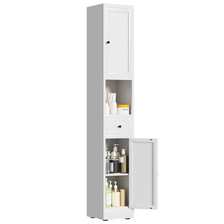Tall Bathroom Storage Cabinet, 5-Tier Narrow With 2 Doors & Adjustable Shelves, Freestanding - White HouseOfZazla