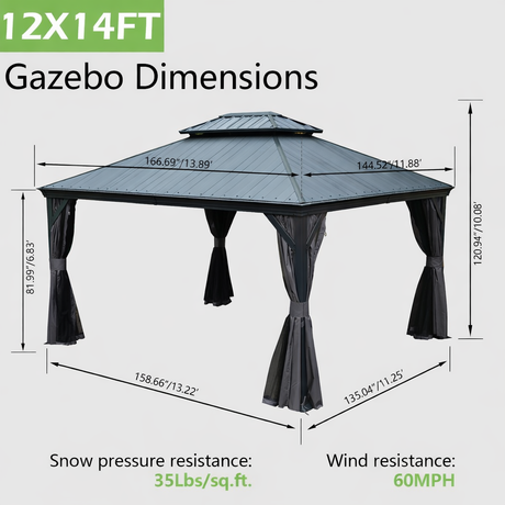 12'x14' Hardtop Gazebo with Resin Roof and Drainage Gutters HouseOfZazla
