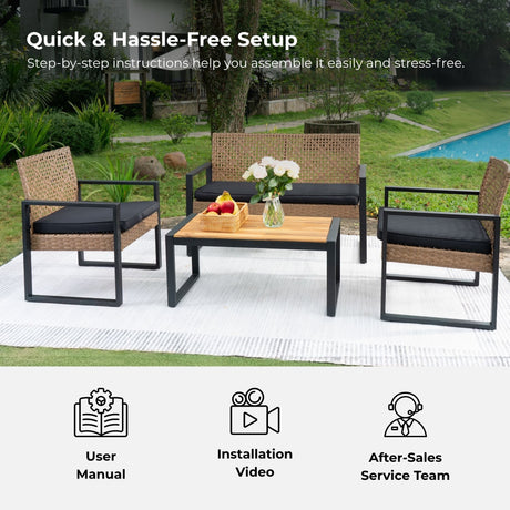 4 Piece Patio Furniture Set With Acacia Wood Table Top And Cushions HouseOfZazla