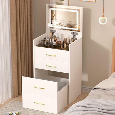 Compact 3 In 1 Vanity Desk With Open Top Mirror, Glass Desktop, 5 Height - White HouseOfZazla