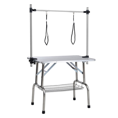 Folding Dog Pet Grooming Table Stainless Steel Frame Rubber Mat On Board With Adjustable Arm And Clamps Pet Dog Cat Grooming Table HouseOfZazla