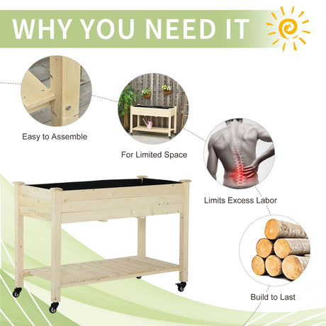 Outsunny - Raised Garden Bed, 47" x 22" x 33", Elevated Wooden Planter Box With Lockable Wheels, Storage Shelf, And Bed Liner For Backyard, Patio - Natural HouseOfZazla
