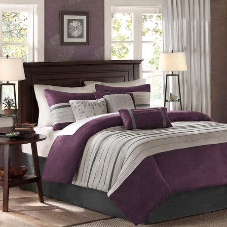 7 PC Pieced Faux Suede Comforter Set Purple King HouseOfZazla