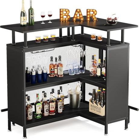 L Shaped Home Mini Bar Table With 2 Tier Shelves & Glass Racks - Black HouseOfZazla