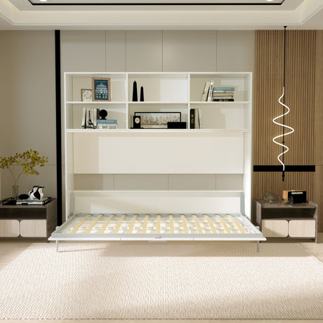 Mordern Design Twin Size Horizontal Murphy Bed With Shelf Storage For Bedroom Or Guestroom Wall Bed Space Saving Hidden Bed With New Style Gas Struts - White HouseOfZazla