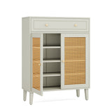 Shoe Cabinet With Rattan Doors And Drawer, 4 Tier Storage Organizer - Mint Green