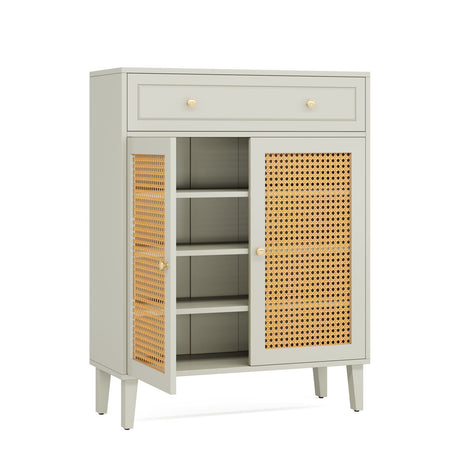 Shoe Cabinet With Rattan Doors And Drawer, 4 Tier Storage Organizer - Mint Green HouseOfZazla