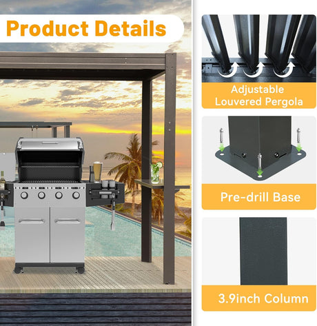 8x5 Ft Grill Louvered Pergola with Adjustable Roof and Built-in Gutter HouseOfZazla