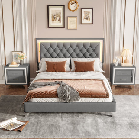 3-Pieces Bedroom Set, Queen Size Upholstered Platform Bed with LED Lights and Two Nightstands - Gray HouseOfZazla