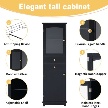 Tall Bathroom Storage Cabinet With Glass Doors, Free-Standing, Two Drawers, And Adjustable Shelves, Board, Painted Perfect For Displaying Your Favorite Items HouseOfZazla