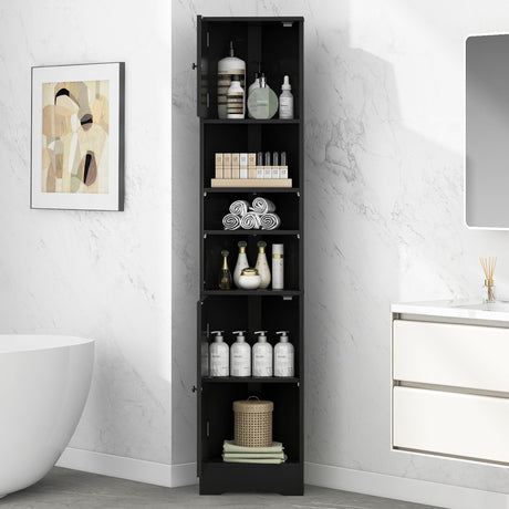 Multi-Functional Corner Cabinet Tall Bathroom Storage Cabinet with Two Doors and Adjustable Shelves, Open Shelf HouseOfZazla