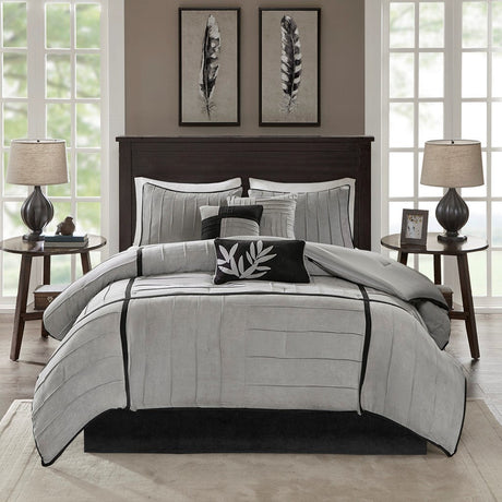 7 Piece Faux Suede Comforter Set Grey Queen HouseOfZazla