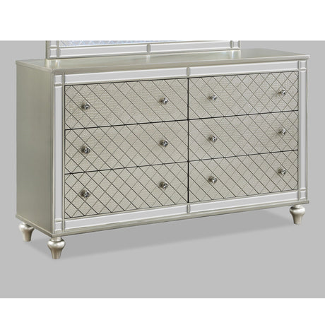 6 Drawer Bedroom Dresser With Diamond Patterned Drawer Fronts - Silver HouseOfZazla