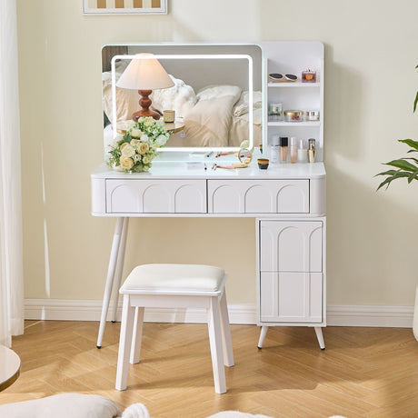 Modern Makeup Vanity Desk With LED Lights & Mirror 4 Drawer Dressing Table Set Space Saving For Bedroom - White HouseOfZazla
