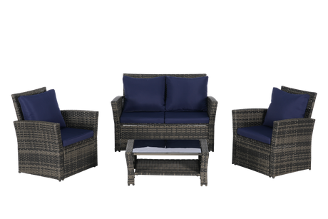 4 Pieces Outdoor Patio Furniture Set with Rattan Chairs and Tempered Glass Table HouseOfZazla