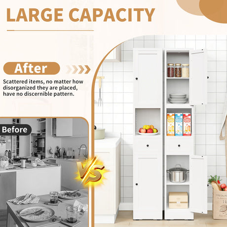 Tall Bathroom Storage Cabinet, 5-Tier Narrow With 2 Doors & Adjustable Shelves, Freestanding - White HouseOfZazla