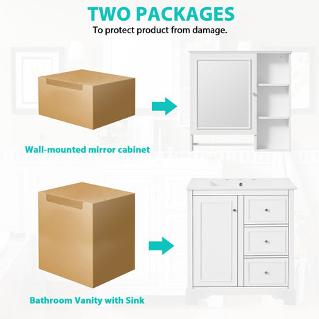 Bathroom Vanity With Sink, Modern Elegant Bathroom Storage Cabinet With 3 Drawers And Adjustable Shelves, Freestanding Vanity Set With Mirror Cabinet, Single Sink Bathroom Vanity HouseOfZazla