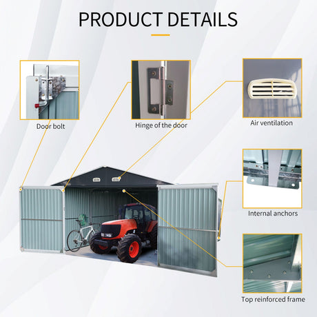 Outdoor Storage Shed Metal Garage Shed For Car, Bike, Lawnmower Backyard Tool House Building 2 Doors And 4 Vents - Black HouseOfZazla