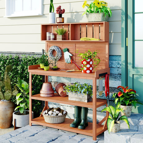 TOPMAX 65' Large Wooden Farmhouse Rustic Outdoor Potting Bench Table HouseOfZazla