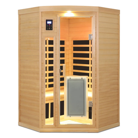 Low EMF, there is also a heating plate on the glass door, can be placed on the pentagon in the corner of the room, Hemlock wood Far-infrared indoor Two person sauna room HouseOfZazla