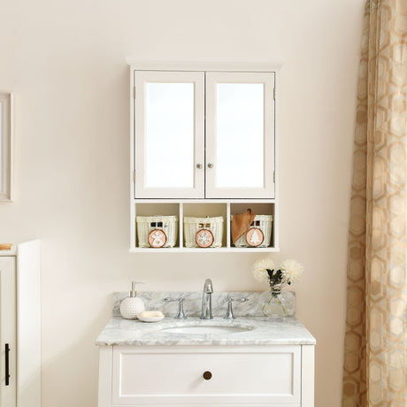 Bathroom Storage Cabinet, Medicine Cabinets For Bathroom With Mirror, 2 Doors 2 Adjustable Shelf & 3 Christmas Style Storage Basket - White HouseOfZazla