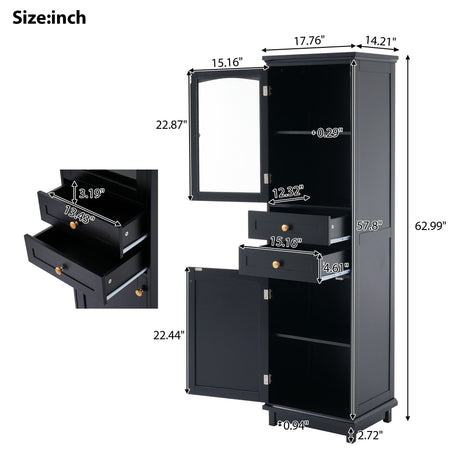 Tall Bathroom Storage Cabinet With Glass Doors, Free-Standing, Two Drawers, And Adjustable Shelves, Board, Painted Perfect For Displaying Your Favorite Items HouseOfZazla