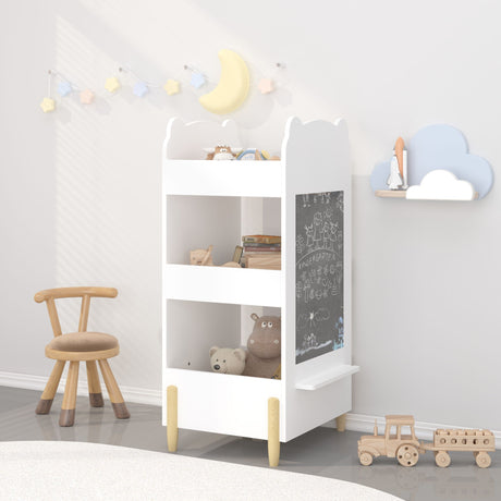 Bear Shaped Bookshelf With Chalkboard Side, 3-Tier Storage Organizer For Playroom - White HouseOfZazla