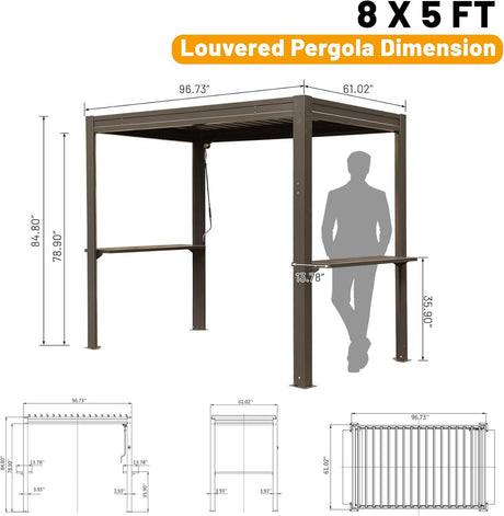 8x5 Ft Grill Louvered Pergola with Adjustable Roof and Built-in Gutter HouseOfZazla