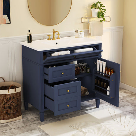 Bathroom Vanity With Top Sink, Modern Bathroom Storage Cabinet, 2 Drawers And A Tip-Out Drawer, Single Sink Bathroom Vanity - Blue HouseOfZazla