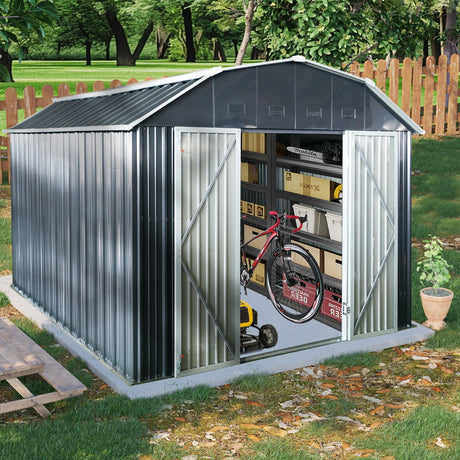 10 Ft X 12 Ft Outdoor Metal Storage Shed With Arch Roof With Lockable Doors For Backyard Garden Patio Lawn - Black HouseOfZazla