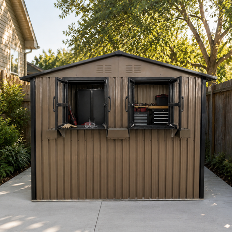 6x9 FT Outdoor Metal Storage Shed with Window & Flower Rack HouseOfZazla
