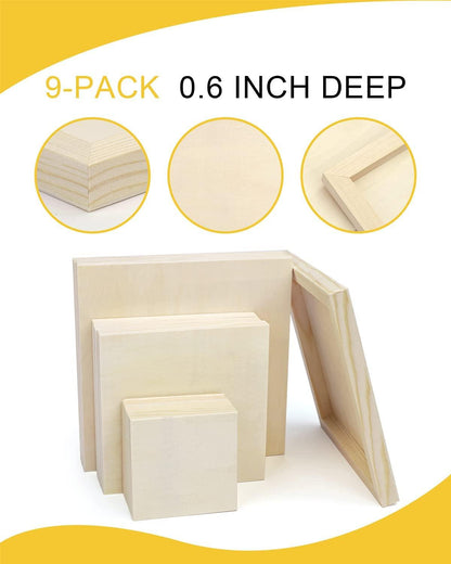 9 Pack 3 Sizes Wood Canvas Board, Unfinished Wood Cradled Painting Panel Boards Art, 4’’, 6’’, 8’’ - WoodArtSupply