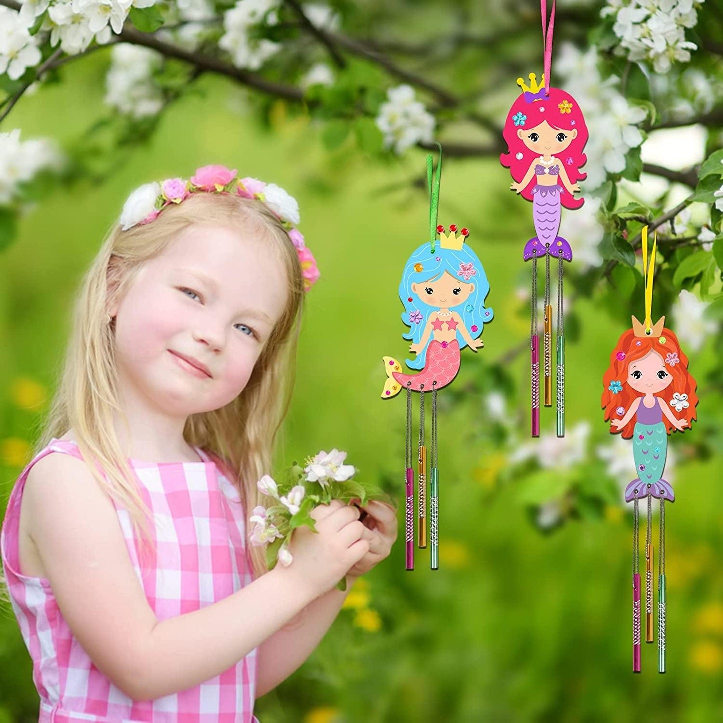 9 Pack Mermaid Wind Chime Craft for Kids Make Your Own Wind Chime Wooden Arts and Crafts - WoodArtSupply