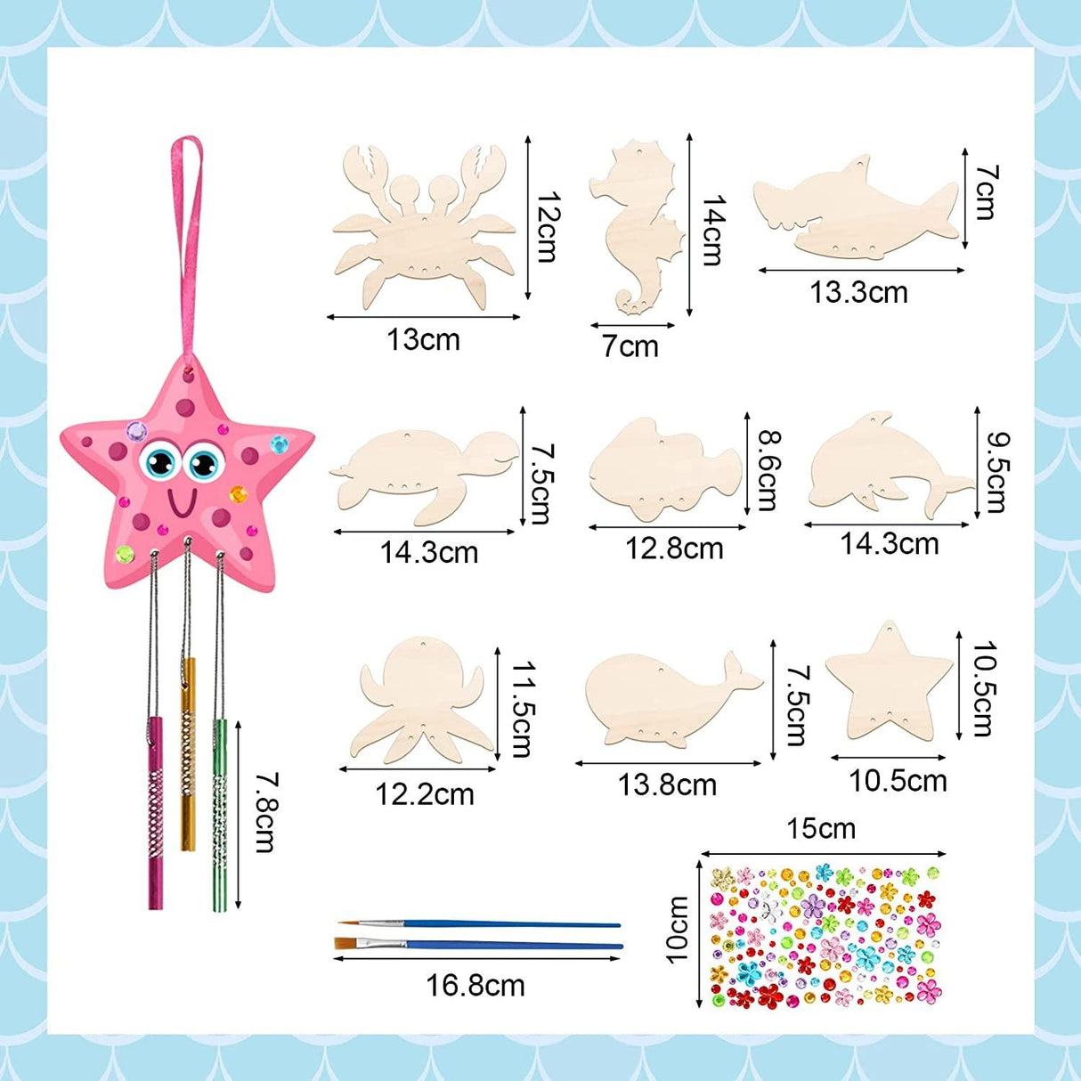 Create Your Own Ocean Animals Wind Chime Kit for Kids – 9 Pack DIY Wooden Craft WoodArtSupply