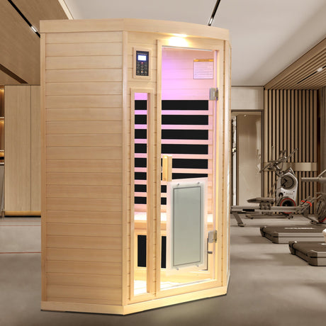 Low EMF, there is also a heating plate on the glass door, can be placed on the pentagon in the corner of the room, Hemlock wood Far-infrared indoor Two person sauna room HouseOfZazla