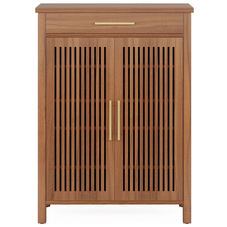 5 Tier Shoe Cabinet With Louvered Doors And Drawer, Freestanding Organizer With Adjustable Shelves For Entryway - Brown HouseOfZazla