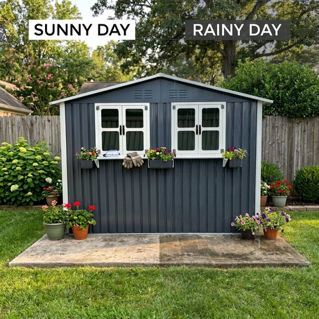 6x9 FT Outdoor Metal Storage Shed with Window & Flower Rack HouseOfZazla