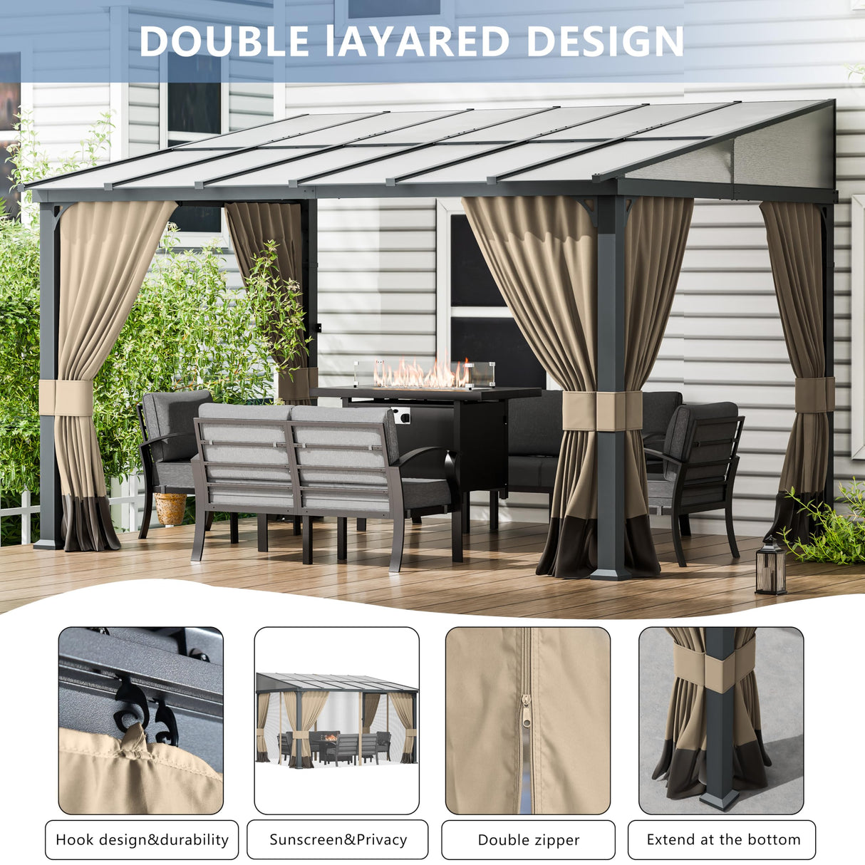 ASJMR 10x12FT Gazebo, Hardtop Wall Mounted Gazebo with Sloping Sun Panel Roof, Awnings for Patio with Metal Frame, Double Curtains for Garden, Lawn, Backyard Deck, Sand ASJMR