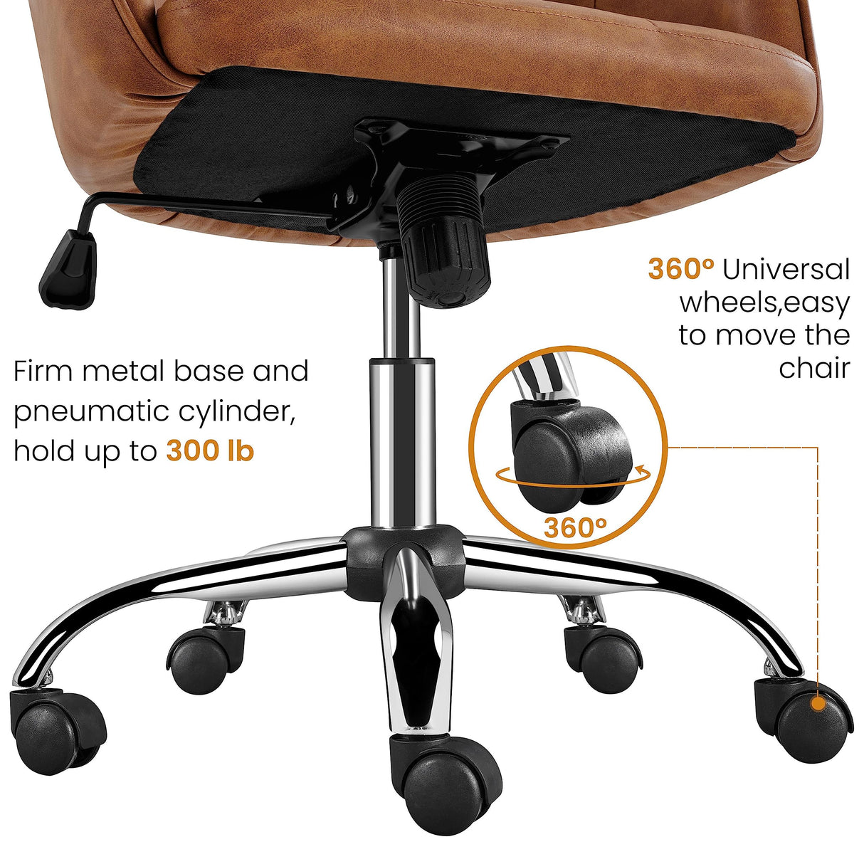 Yaheetech Faux Leather Desk Chair, Makeup Vanity Chair with Adjustable Tilt Angle, Swivel Office Chair Upholstered Armchair Study Chair for Bedroom and Makeup Room Retro Brown Yaheetech