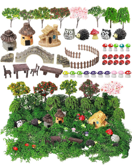 Canlierr 58 Pcs Mini Garden Accessories Set Fairy Village Miniature Fairy House Starter Kit Mini Terrarium Figurines Micro Landscape Mixed Model Tree Diorama Supplies for DIY Succulent Dollhouse Craft Canlierr
