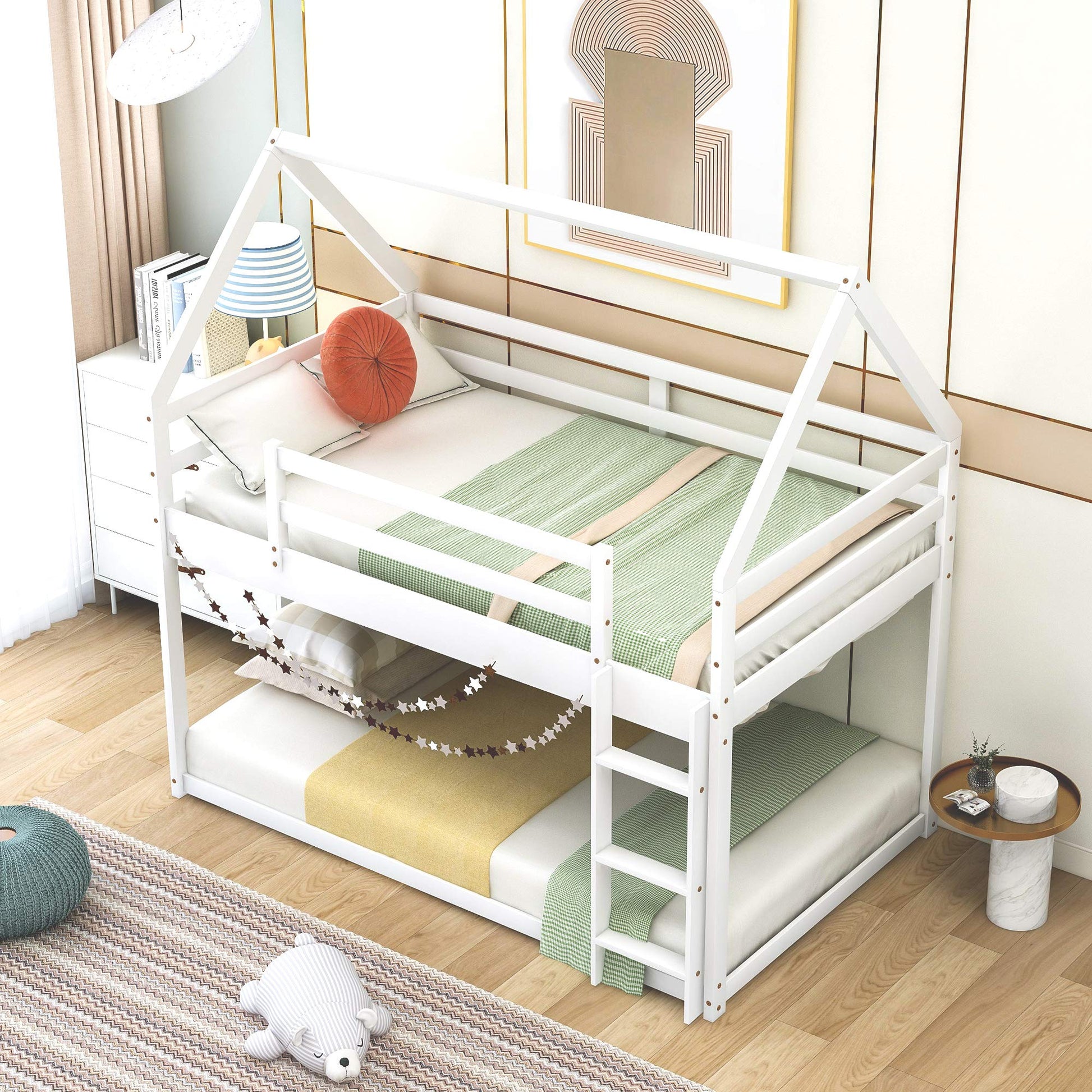 LOSTCAT House-Shaped Twin Over Twin Low Bunk Bed Frame in White – Solid Pine Wood with Safety Guardrail & Ladder - WoodArtSupply