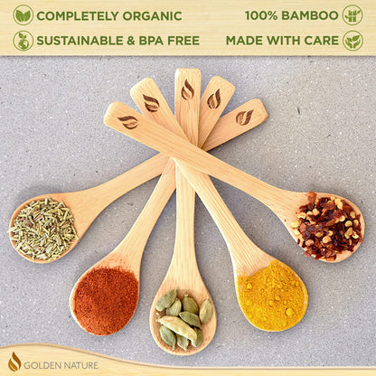 Golden Nature Bamboo Spoon Set (5 Pc), Small Kitchen Teaspoons, Tiny Wooden Spoons Perfect for Sugar, Spices, Seasoning, Coffee, Jam, Herbs, Honey & Dessert