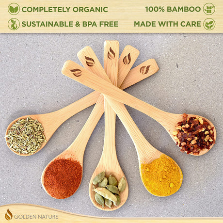 Golden Nature Bamboo Spoon Set (5 Pc), Small Kitchen Teaspoons, Tiny Wooden Spoons Perfect for Sugar, Spices, Seasoning, Coffee, Jam, Herbs, Honey & Dessert Golden Nature